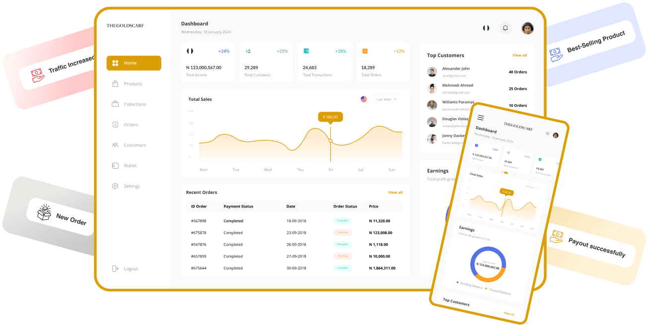 Studio dashboard showing orders and products